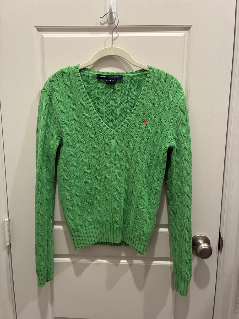 Ralph Lauren Bright Green Cable-Knit V-Neck Sweater